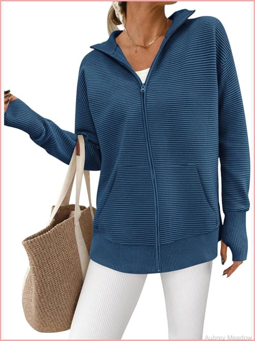 Long Sleeve Zip Up Cardigan Sweater Casual Loose Collared Ribbed Knit Tops
